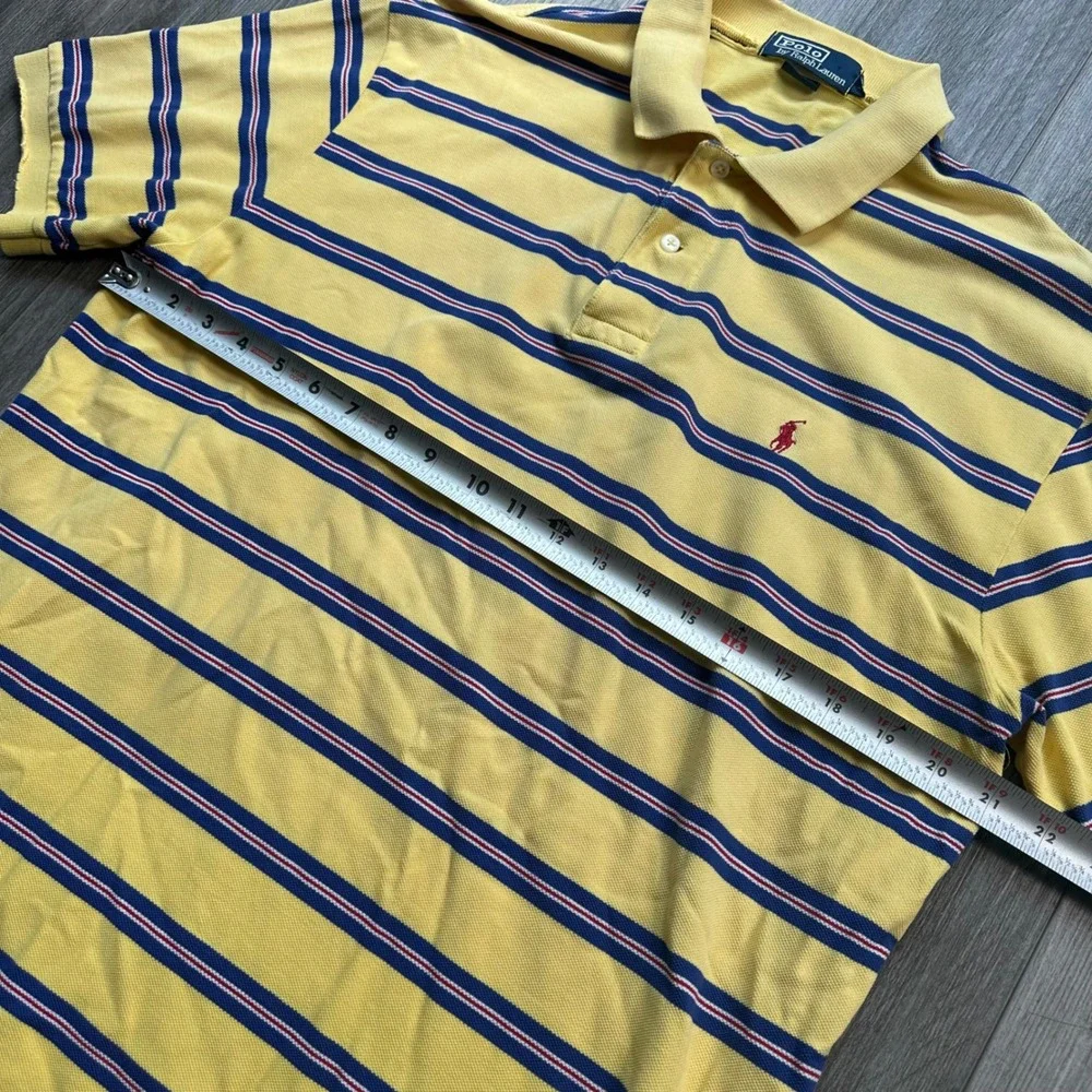 VTG Y2K Polo Ralph Lauren Yellow Blue Striped Polo Shirt Pony Logo Size L